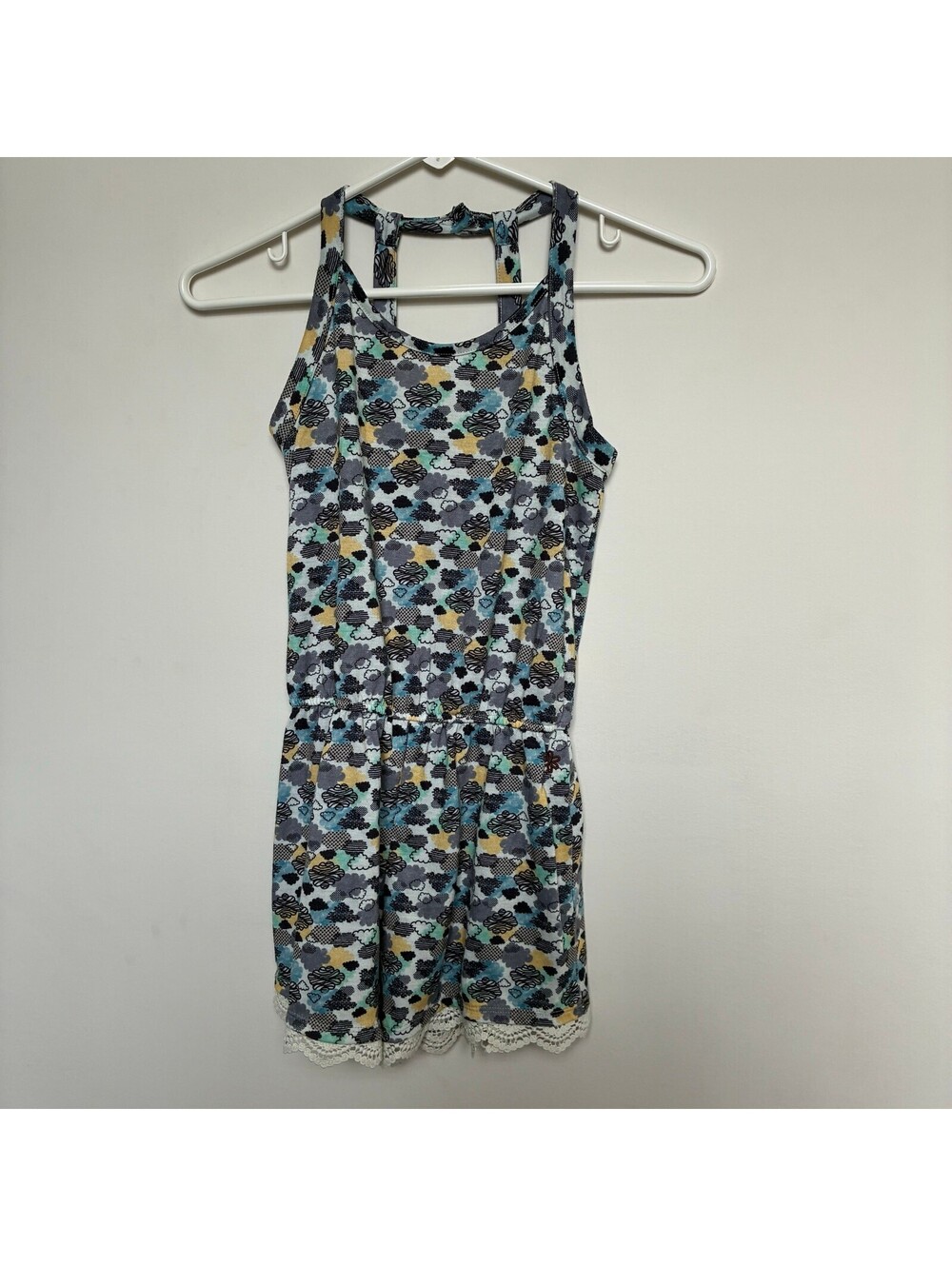 4•35 Girls Romper – Size 8 – Cloud Print Racerback – Crochet Lace Trim